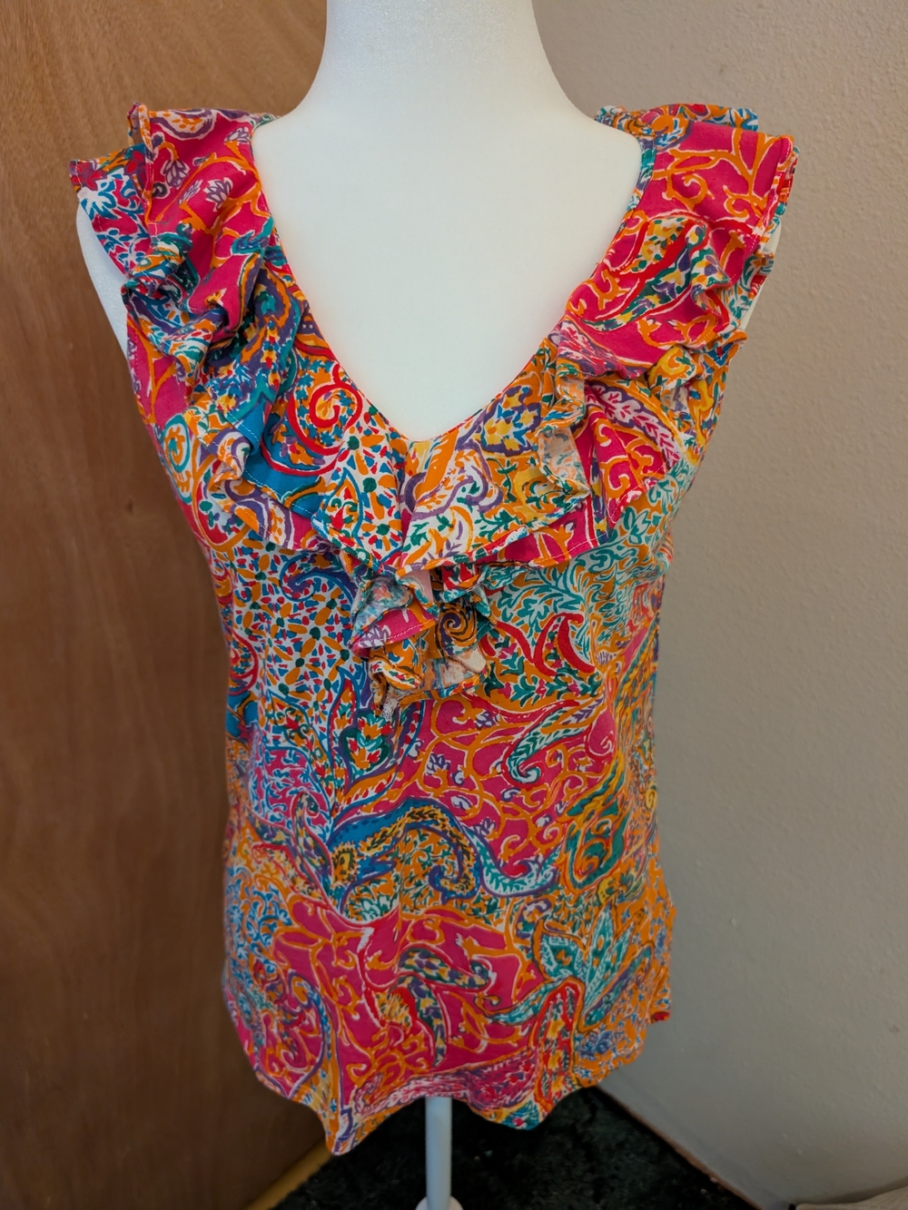 Ralph Lauren Pink Multi Ruffle V-neck Sleeveless Top -Large